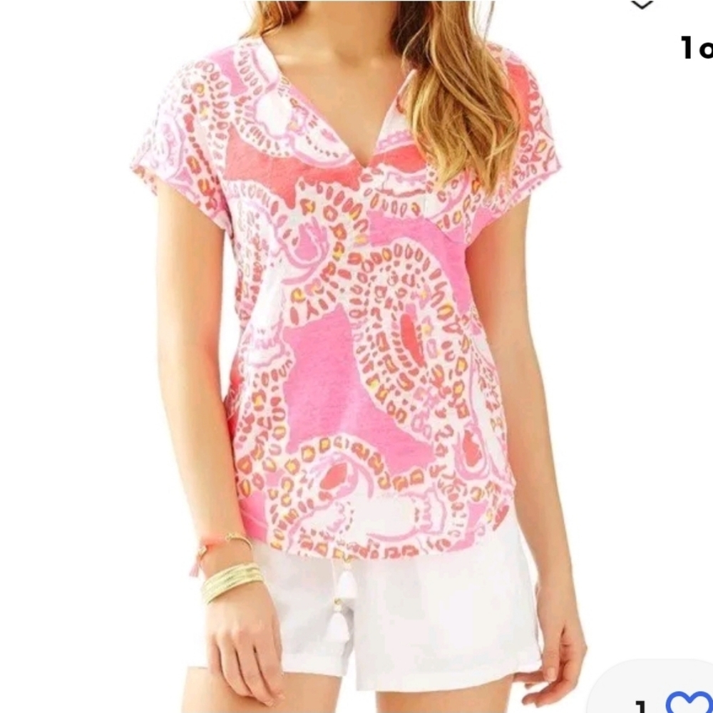 Lilly Pulitzer Duval Linen‎ Top Small Coral Elephant Breathable Lightweight M
